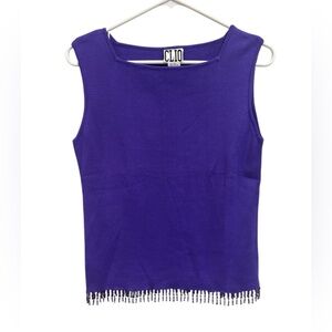 Vintage CLIO Silk & Cotton Beaded Fringe Top M Purple Square Neck Tank Pullover